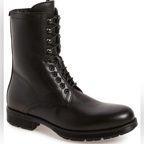 Aquatalia Hayden Black Leather Shearling Lined Leather Lace Up Boots